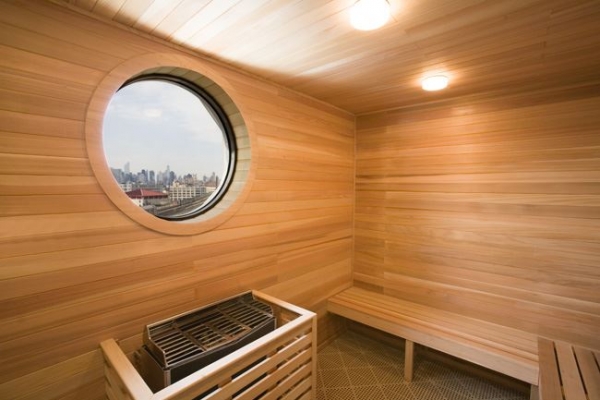 physical therapy sauna with a view of long island city skyline